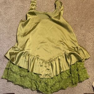 Green Satin and Lace Ruffle Slip